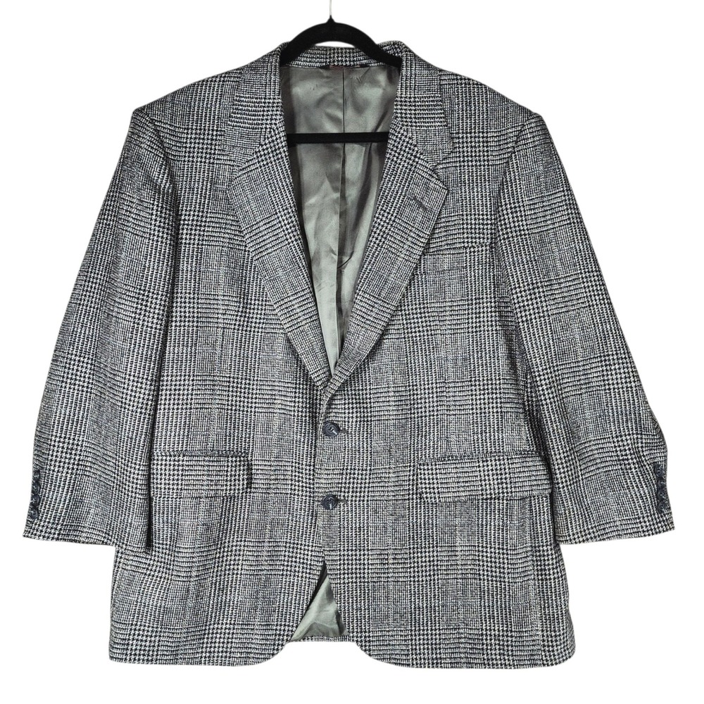 Vtg Stafford Blazer 42R Mens Sport Coat Gray Houndstooth Glen Plaid USA Academia